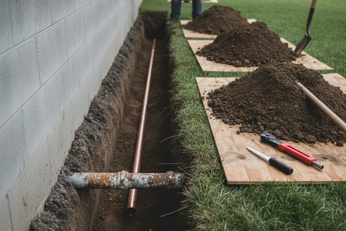 Excavated water line trench during Sewer Line Repair in Burnettsville